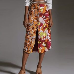 NWT Anthropologie Maeve Button Front Cut Out Midi Skirt Small Retro Floral